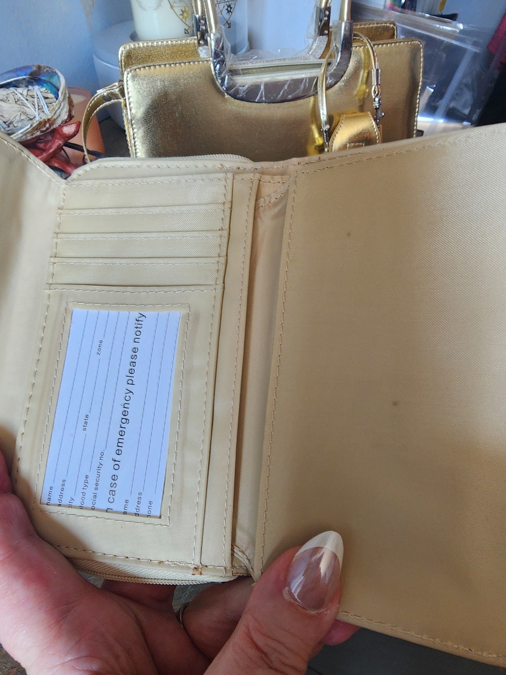 3 Pc Gold Metallic Structured Satchel Handbag with Matching Wallet - Picture 5 of 14